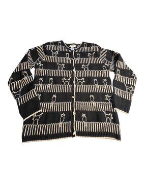 Talbots Black & White Cat Print Cardigan Sweater Button M Cotton Wool Blend VTG